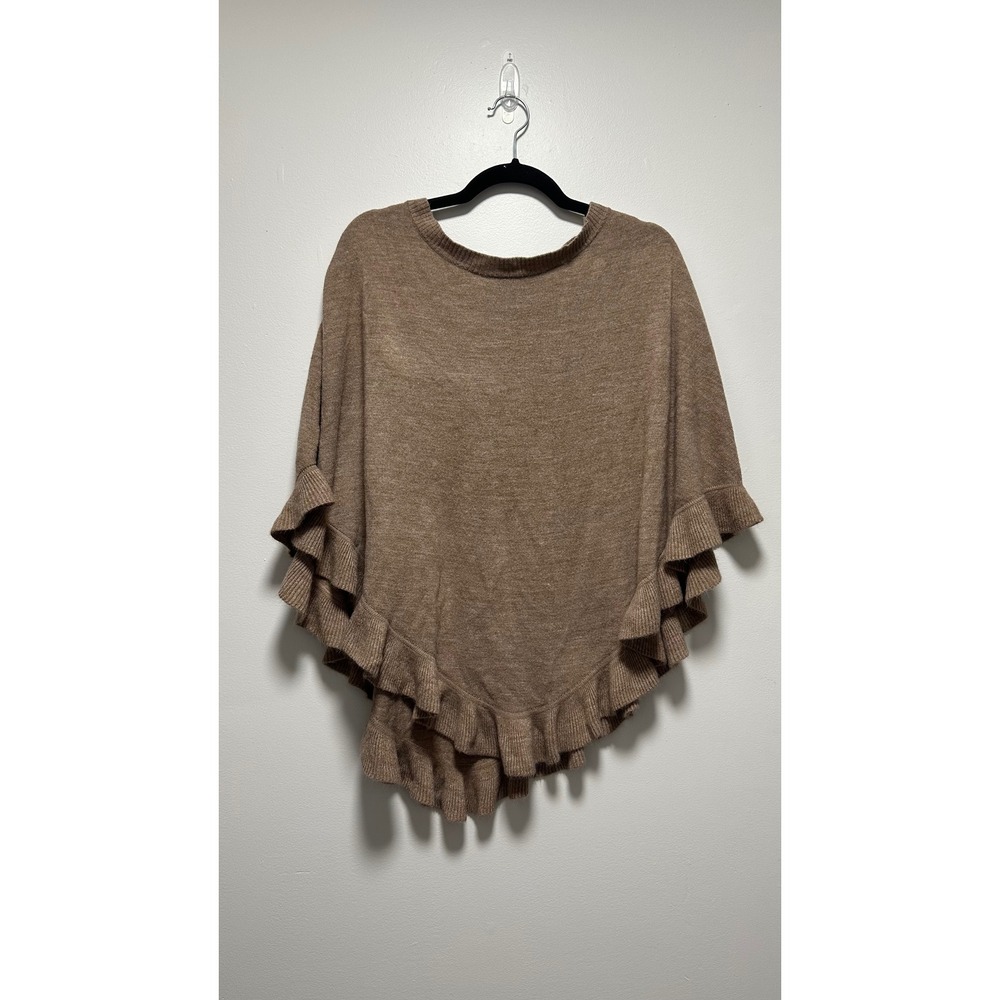 Karen Scott Womens Brown Ruffle Hem Poncho Knit Sweater Tan S/M
